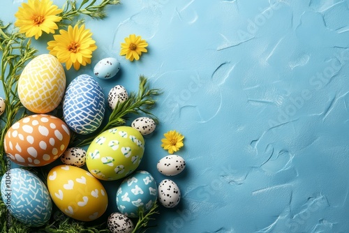 Colorful Easter Eggs on Light Blue Background