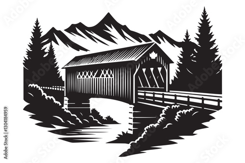 Detailed Silhouette of a Rustic Covered Bridge Surrounded by Nature