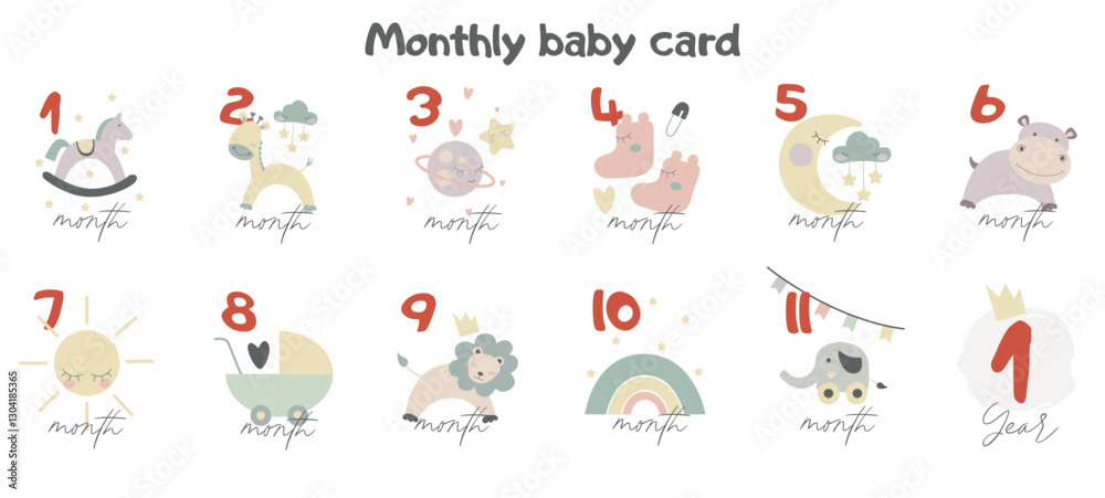 Fototapeta premium Baby milestone cards with cute animals for newborn baby. Baby shower print capturing all the special moments. Monthly anniversary card.