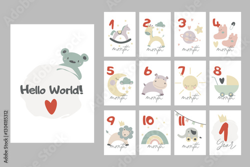 Baby milestone cards with cute animals for newborn baby. Baby shower print capturing all the special moments. Monthly anniversary card.