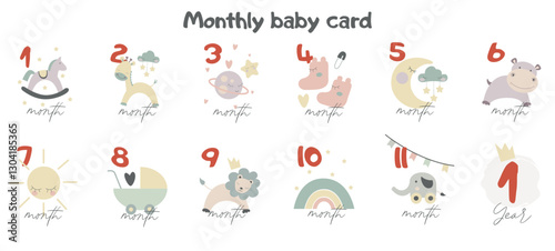 Baby milestone cards with cute animals for newborn baby. Baby shower print capturing all the special moments. Monthly anniversary card.