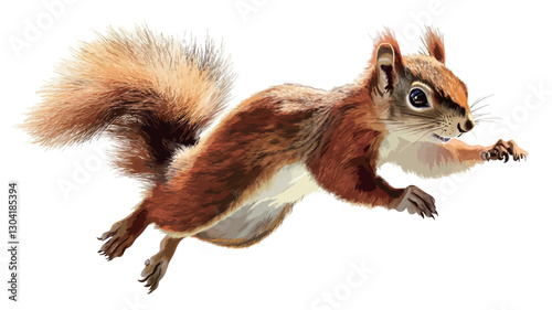A digital painting or illustration of a red squirrel in mid-leap. The squirrel is depicted against a pure white background.  The image showcases the squirrel's bushy tail, its fur rendered