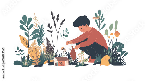 A vector illustration depicting a young boy crouched down amidst a variety of stylized plants and flowers. He appears to be tending to or planting small plants. The style is flat, with