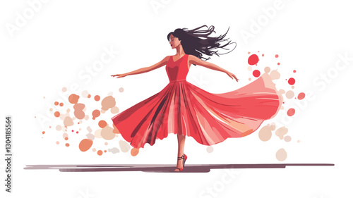 Illustration of a woman in a red dress, depicted in a dynamic pose suggestive of dance. The dress is flowing, creating a sense of movement. The background features an abstract design of