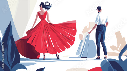 A stylized vector illustration depicts a couple, possibly dancers.  The focus is on a woman in a vibrant red dress with a full, flowing skirt that creates a sense of motion.  The dress is