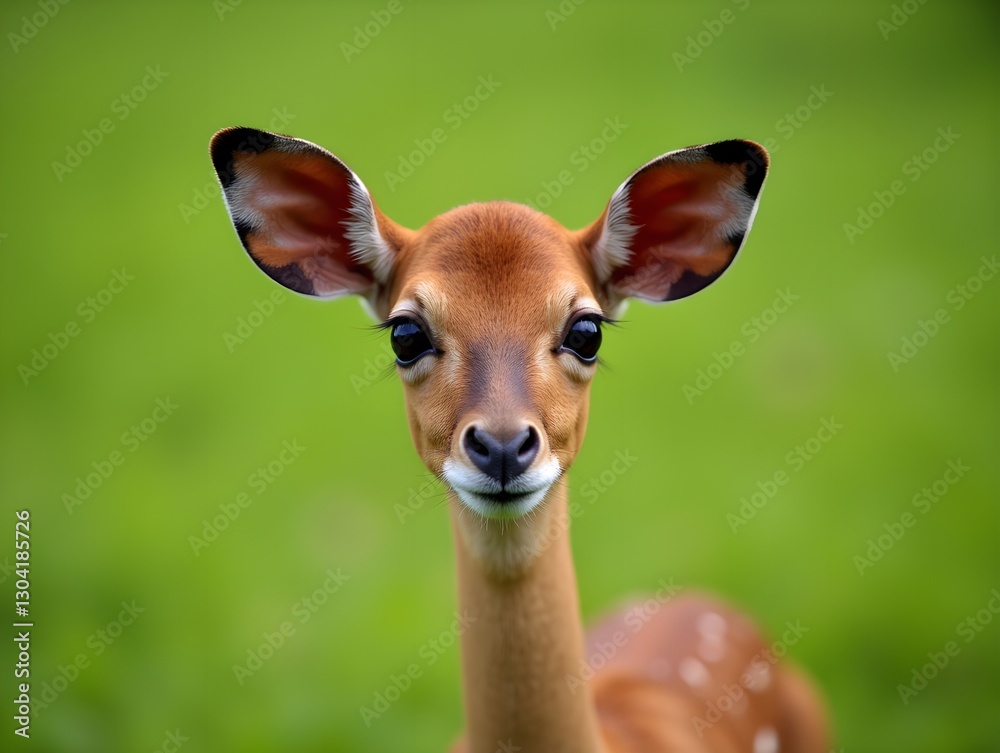 Close-up of young okapi on green background for wildlife education and conservation awareness Close-up of young okapi on green background for wildlife education and conservation awareness