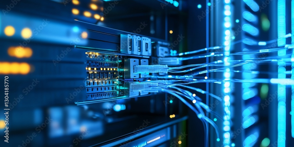 Close-up of a modern server rack with blue LED lights, showcasing complex data connections. Perfect for tech ads, blogs, and digital infrastructure visuals Close-up of a modern server rack with blue LED lights, showcasing complex data connections. Perfect for tech ads, blogs, and digital infrastructure visuals