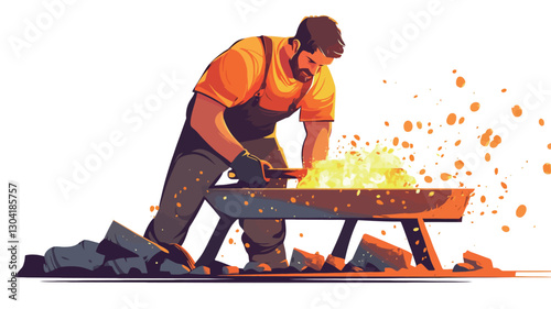 A digital illustration depicts a male blacksmith working at his forge.  He is shown bending over a low anvil, striking a piece of heated metal with a hammer.  Sparks and glowing embers fly