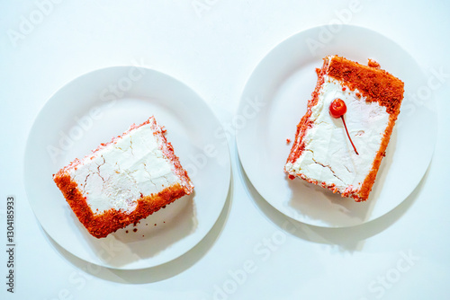 Two delicious slices of red velvet cake with white frosting are served on clean white plates. One piece is topped with a cherry, adding a decorative and flavorful touch. 