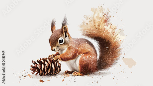 A detailed, realistic illustration of a red squirrel interacting with a pine cone. The squirrel is depicted in a seated position, its attention focused on the cone.  Its fur is rendered