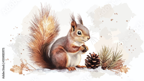 A detailed illustration of a red squirrel sitting on a white background. The squirrel is depicted in realistic style with soft color transitions, showcasing its reddish-brown fur, fluffy