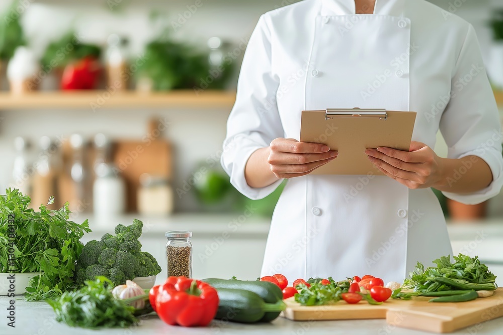 A nutritionist with a clipboard in his hands stands in the kitchen against a slightly blurred background of fresh vegetables and cooking ingredients. The concept of proper nutrition and health. A nutritionist with a clipboard in his hands stands in the kitchen against a slightly blurred background of fresh vegetables and cooking ingredients. The concept of proper nutrition and health.