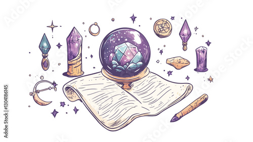 A digital illustration depicting a crystal ball surrounded by various occult objects, including crystals, gems, a book, and a pencil. The style is whimsical and hand-drawn, with pastel