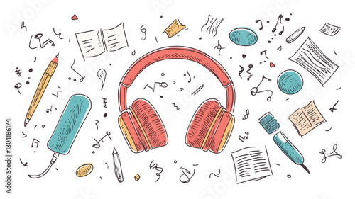 The image is a digital illustration featuring a pair of red over-ear headphones at the center.  Surrounding the headphones are various hand-drawn elements including musical notes, open
