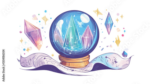 Digital illustration of a crystal ball resting on a gold stand.  The crystal ball is translucent blue and contains smaller, iridescent crystals within. Surrounding the crystal ball are