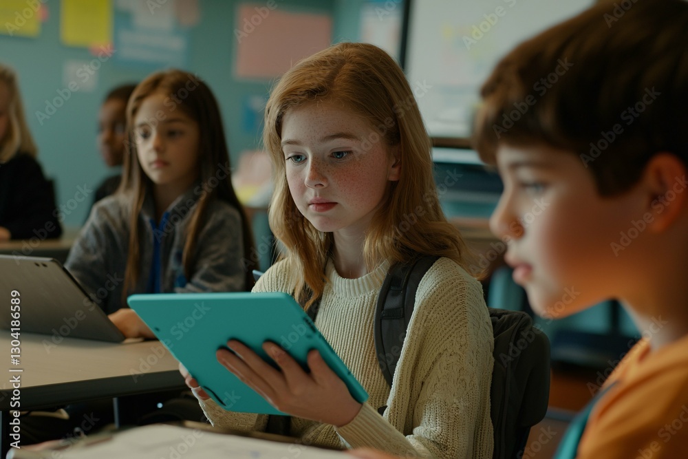An AI-driven personalized education scene features a vibrant classroom where students interact with tablets and educators provide customized lessons to enrich their learning. An AI-driven personalized education scene features a vibrant classroom where students interact with tablets and educators provide customized lessons to enrich their learning.
