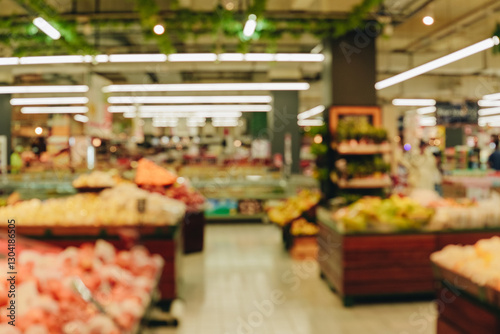 Bild auf Leinwand Blurry image of a grocery store with a lot of fruit and vegetables