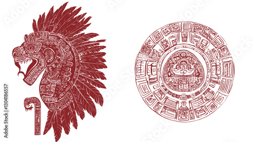 The image presents two distinct elements rendered in a monochromatic red palette.  To the left is a stylized profile view of a serpent head adorned with what appears to be a feathered