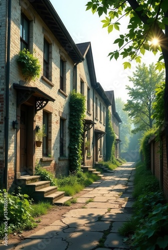 Sunlit Stone Path Between Charming Brick Houses with Lush Greenery