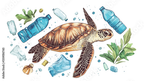An illustration depicts a sea turtle surrounded by various pieces of plastic waste, including bottles and bags. The style is watercolor or colored pencil, with a slightly textured effect.