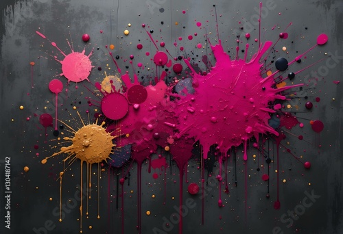 Vibrant Splatter Paint Abstract Design, Colorful Ink Splashes on Dark Grey Background, Artistic Texture