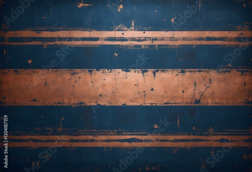 Distressed Grunge Abstract Navy Blue Background With Copper Stripes. Scratches and wear marks. industrial aesthetic