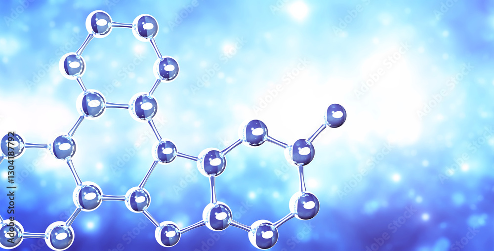 Horizontal banner with model of abstract molecular structure. Background of blue color with glass atom model. Copy space for your text. 3d render Horizontal banner with model of abstract molecular structure. Background of blue color with glass atom model. Copy space for your text. 3d render
