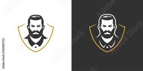 Brutal man portrait in golden shield barbershop icon for logo set vector illustration. Strong male with mustache beard face coiffure gentleman grooming service hairdresser minimalist badge
