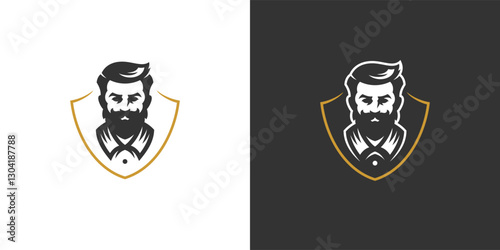 Barbershop man portrait in golden shield luxury minimalist icon for logo set vector illustration. Barber shop male hipster brutal face beard mustache shaving coiffure hairdresser quality salon badge