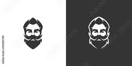 Barbershop hipster man with beard curved mustache icon for logo set vector illustration. Barber shop gentleman grooming service coiffure professional hairstyle salon monochrome badge
