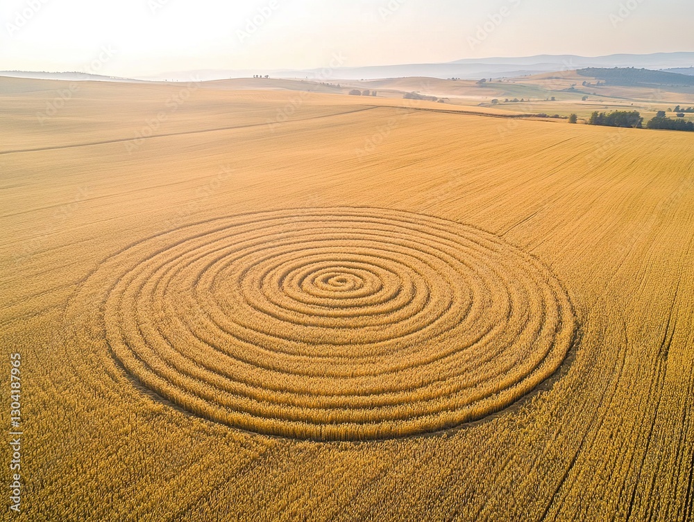 Naklejka premium Dramatic aerial view of golden wheat fields with intricate crop circles, soft morning mist creating gradual transitions, abstract agricultural patterns