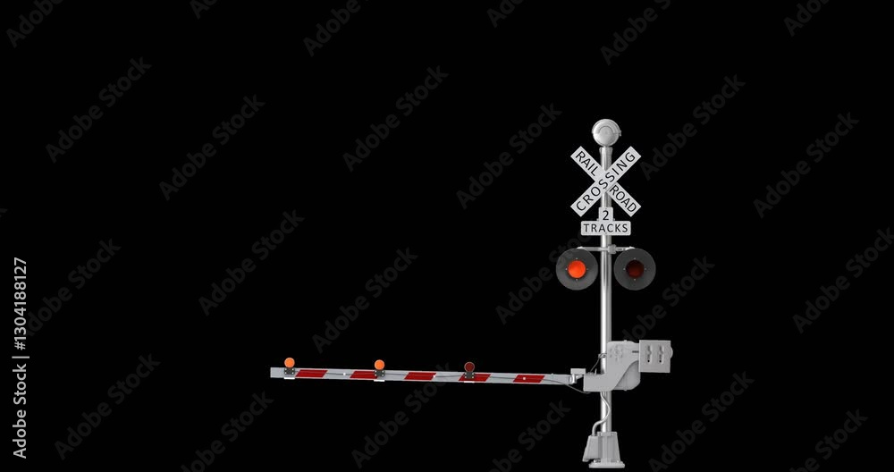 Raising and lowering the ramp at a railway crossing with warning lights - 3D animation seamlessly loopable isolated on transparent background
