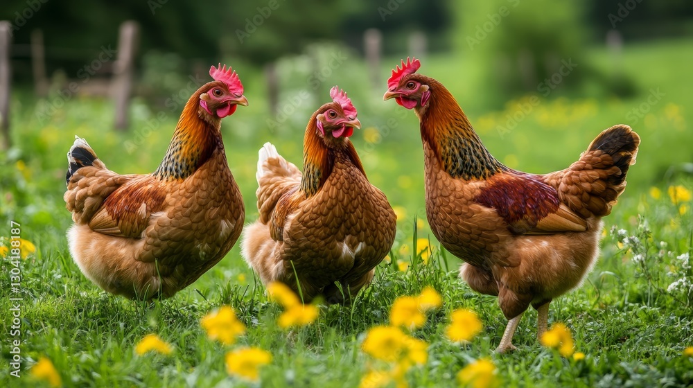 Fototapeta premium Three chickens stand in a lush green field dotted with yellow flowers, creating a vibrant and lively farm scene.