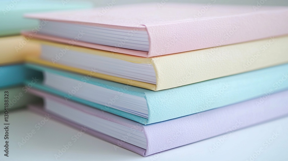 A sleek stack of minimalist notebooks in soft pastel hues sits gracefully on a white backdrop, perfect for branding, stationery design, or educational materials. A sleek stack of minimalist notebooks in soft pastel hues sits gracefully on a white backdrop, perfect for branding, stationery design, or educational materials.