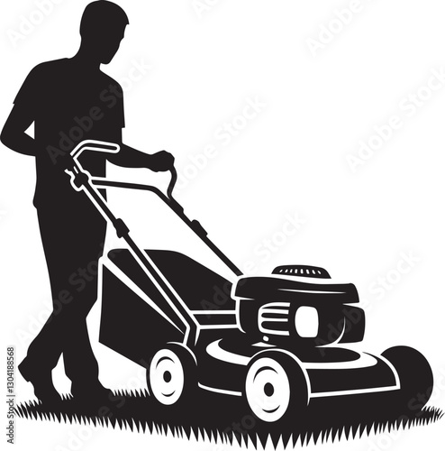 A Person Mowing Lawn with a Lawn Mower Silhouette Vector Illustration