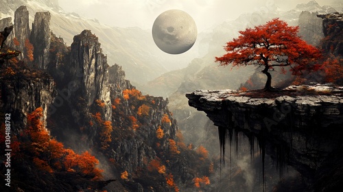 Autumnal Landscape with Solitary Red Tree on Cliffside Overlooking Misty Mountains and Moon