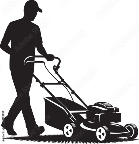 A Person Mowing Lawn with a Lawn Mower Silhouette Vector Illustration