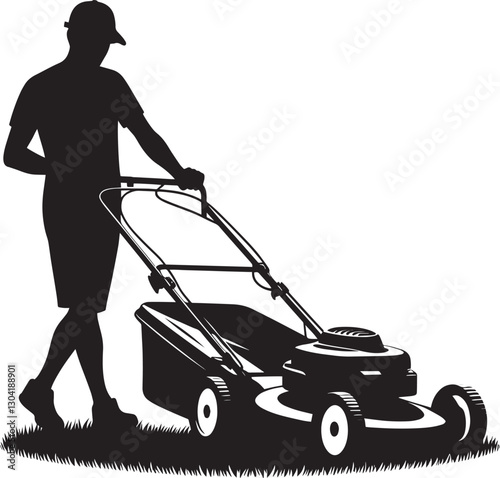 A Person Mowing Lawn with a Lawn Mower Silhouette Vector Illustration