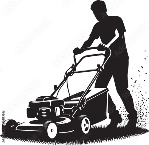 A Person Mowing Lawn with a Lawn Mower Silhouette Vector Illustration
