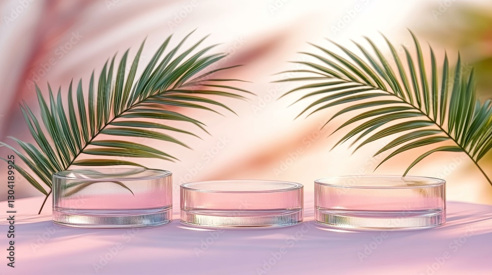 Fototapeta premium Transparent Glass Display Pedestals with Palm Leaves