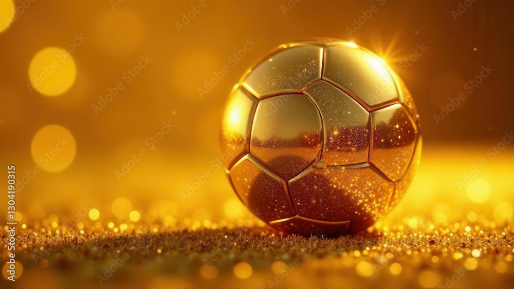 Fototapeta premium A Golden Soccer Ball Rests on Glittering Surface, Illuminated by Warm Light