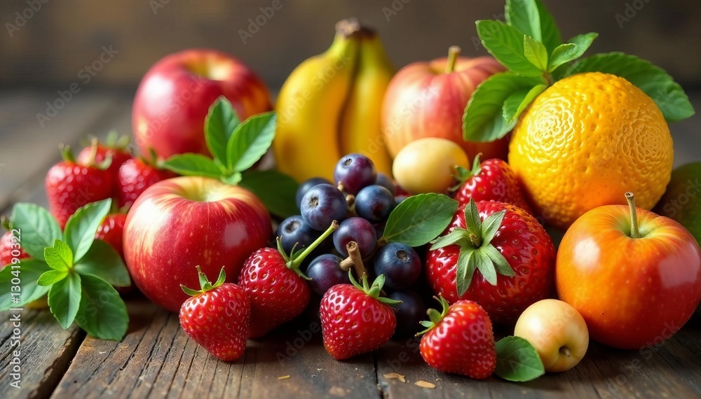 A variety of fresh fruits beautifully arranged on a wooden table, showcasing their vibrant colors and tempting flavors, fresh, colorful A variety of fresh fruits beautifully arranged on a wooden table, showcasing their vibrant colors and tempting flavors, fresh, colorful