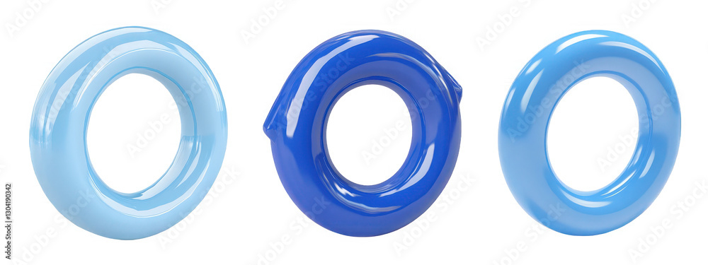 Three glossy rings in various shades of blue, showcasing modern design and smooth texture. Three glossy rings in various shades of blue, showcasing modern design and smooth texture.