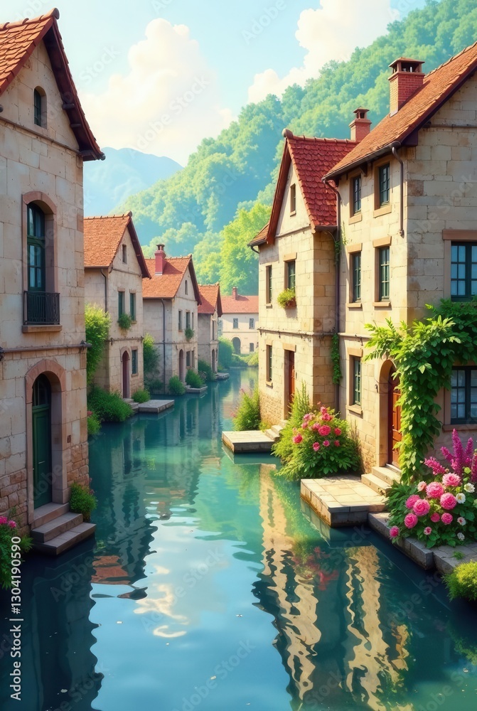 Obraz premium Tranquil Canalside Village with Charming Stone Houses and Lush Greenery Reflecting in Calm Waters