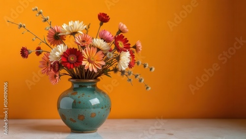 Vibrant autumnal flower arrangement in a rustic glazed ceramic vase against a warm yellow backdrop, showcasing a delightful mix of colors and textures, creating a serene and inviting atmosphere.