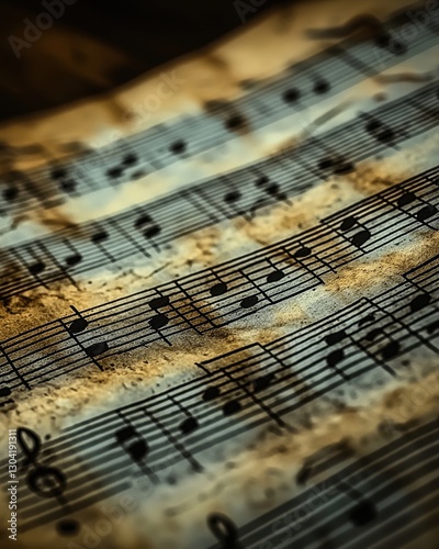 A close-up view of a sheet of music featuring intricate notes and symbols, showcasing the delicate lines and curves of the musical notation against a textured paper background.