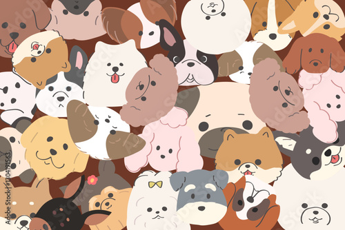 犬の顔が重なったおしゃれな背景　手書きの犬　落書き　トイプードル　チワワ　ポメラニアン　柴犬