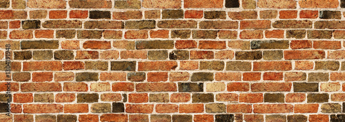 Full horizontal texture of old brick wall. Background texture of retro brick wall. Horizontal pattern for banner or skinali. Backdrop with vintage brick wall pattern