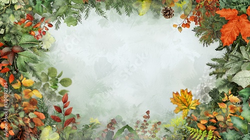 Autumnal Leaf Frame with Birds and Foggy Background