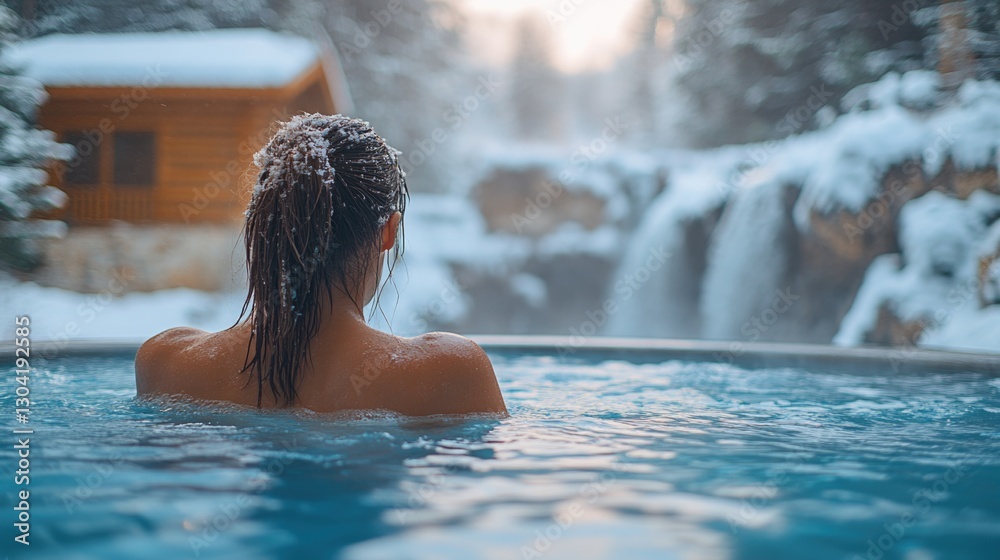 Fototapeta premium Woman enjoying winter pool with snowy waterfall view
